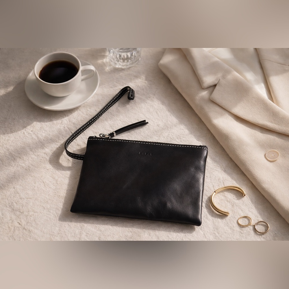 BY FAR Black Leather Wristlet Pouch Clutch Minimalist Zip Bag Small Chic Design